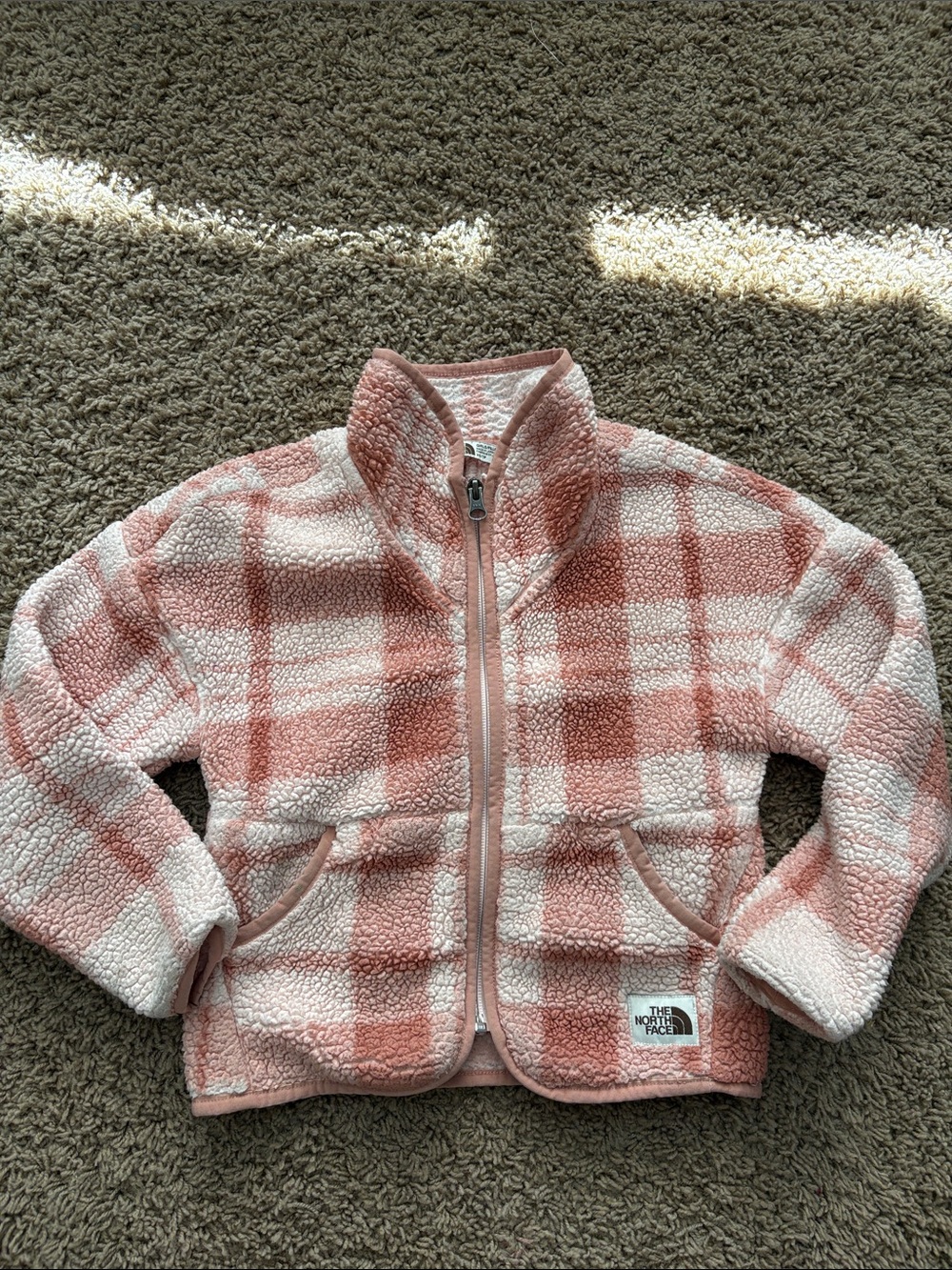 The North Face Kids Pink & Cream Plaid Sherpa Jacket